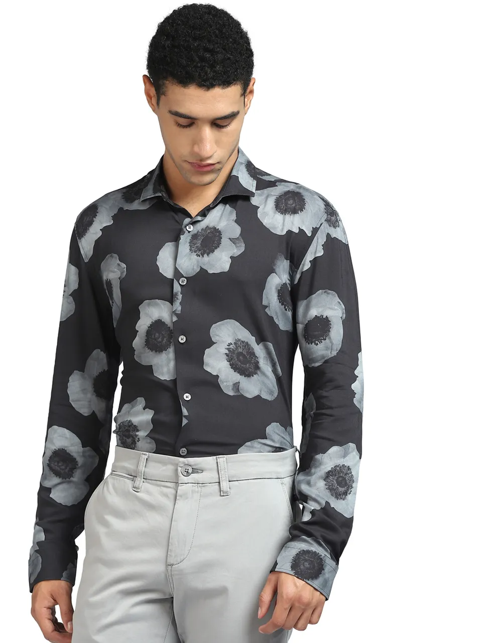 Men Floral Print Black Shirt