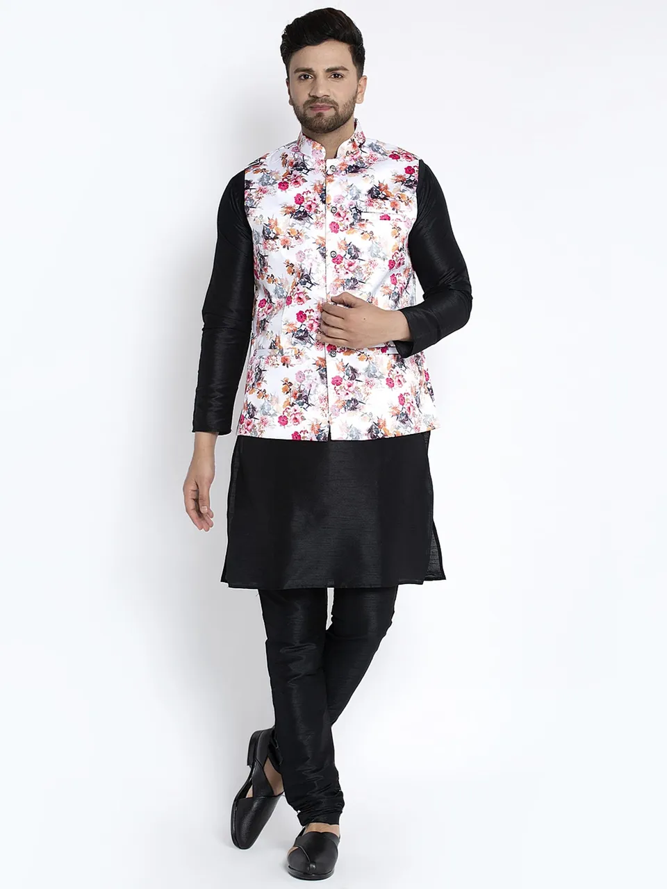 Men Silk Blend Black Kurta with Churidar & White Printed Nehru Jacket