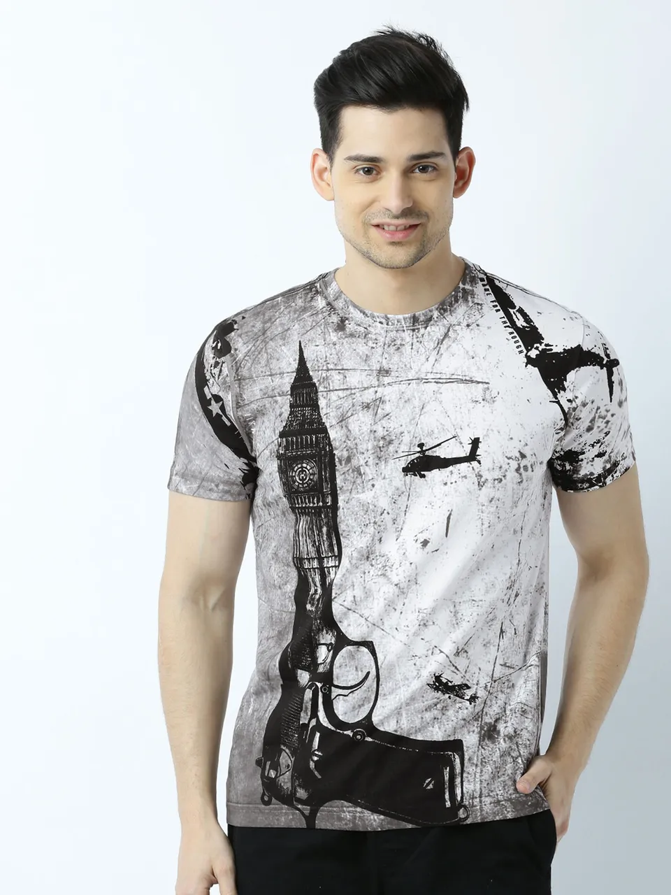 Mens Printed Round Neck White T-Shirt